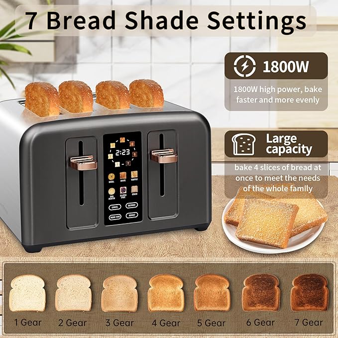 SEEDEEM Toaster 4 Slice Stainless Toaster &amp Touch Control LCD Display 6 Bread Type 7 Shade Settings 1.5'' Wide Slots Cancel/Defrost/Reheat Removable Crumb Tray 1800W Dark Metallic
