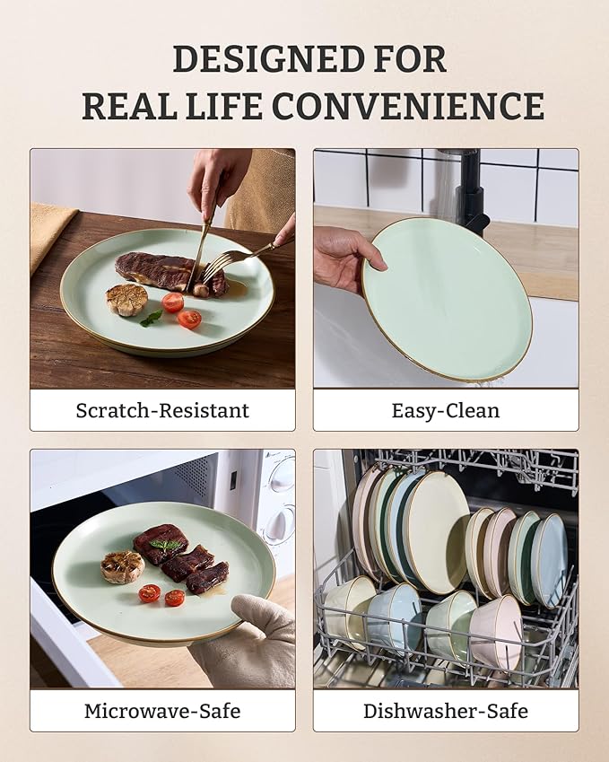 Famiware Saturn Dinnerware Sets Plates and Bowls Sets for 4 12 Pieces Stoneware Dish Set - Chip and Scratch Resistant Microwave and Dishwasher Safe Tableware Set Light Green with Rim