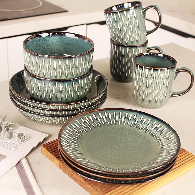 Dinnerware Sets 16 Pieces - Round Reactive Glaze Tableware - Kitchen Dinnerware Porcelain Crockery with Dinner Plate Bowl and Soup Plate Service for 4 Microwave Dishwasher Safe Set No.4