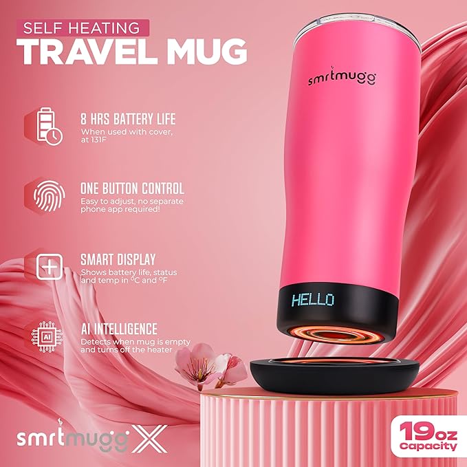 X Heated Coffee Mug 19 oz. 8 Hour Battery Life Self-Heating Adjustable Temp Controlled LCD Screen Includes Cover with Magnetic Slider (Pink)