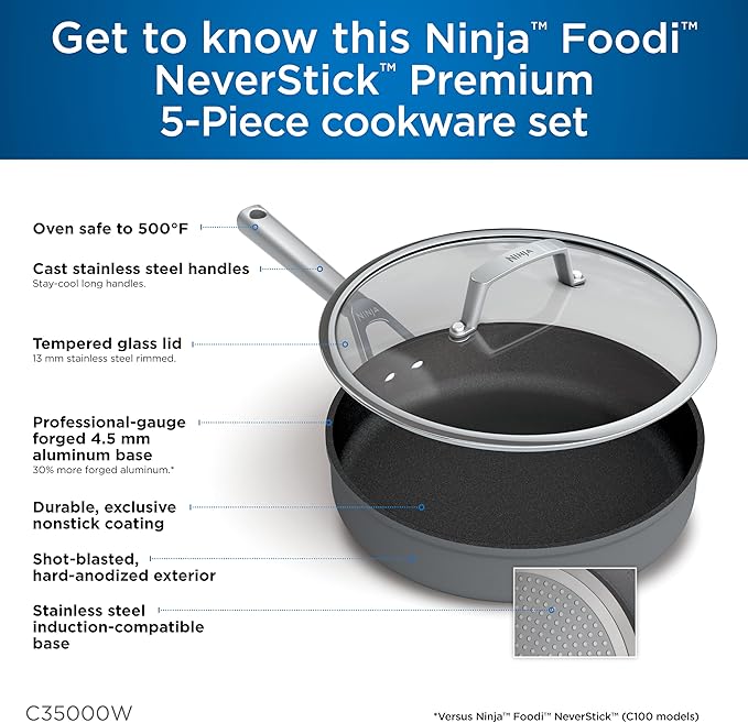 Ninja C35000W Foodi NeverStick Premium Hard-Anodized 5-Piece Cookware Set  Black