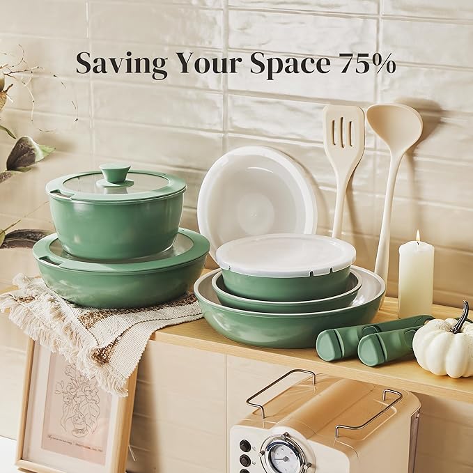 Redchef 16pcs Ceramic Pots and Pans Set Non Stick Nonstick Ceramic Cookware Set with Detachable Handle Non Toxic PFAS PFOA &amp PTFE Free RV Cookware for Camping Dishwasher/Oven Safe (Green)