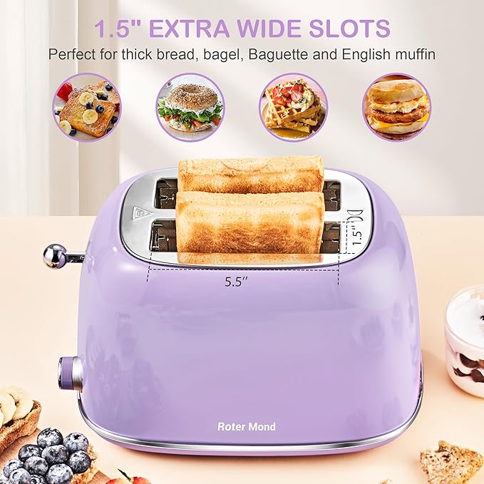 Roter Mond 2 Slice Toaster Retro Stainless Steel with Bagel Cancel and Defrost Functions 6 Bread Shade Settings Extra Wide Slots and Removable Crumb Tray Lavender-Purple