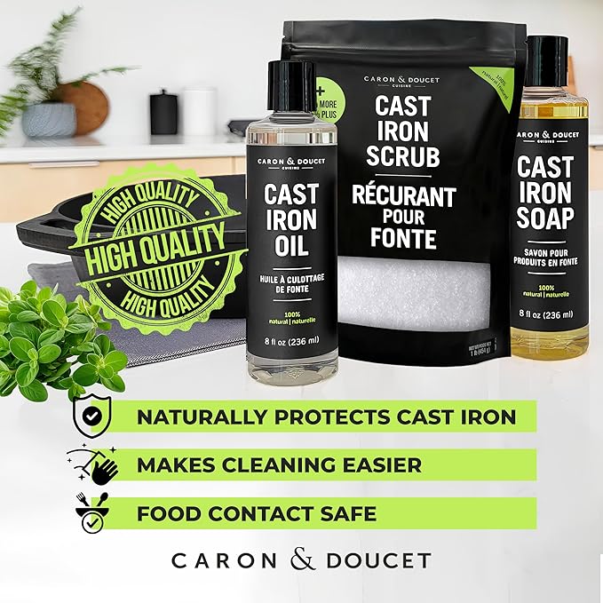 CARON &amp DOUCET – New Ultimate Cast Iron Set: Seasoning Oil Cleaning Soap &amp Restoring Scrub | 100% Plant-Based &amp Best for Cleaning Care Washing Restoring &amp Seasoning Skillets Pans &