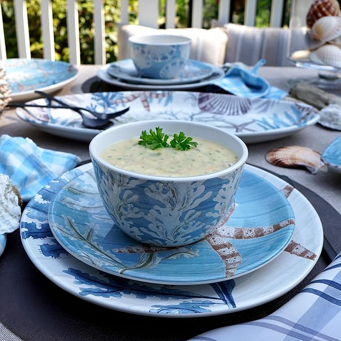 Beyond The Shore 16 Piece Dinnerware Set Service for 4 – Earthenware Ocean-Inspired Plates Bowls &amp Mugs – Durable Microware and Dishwasher Safe – Coastal Décor Beach House Dining