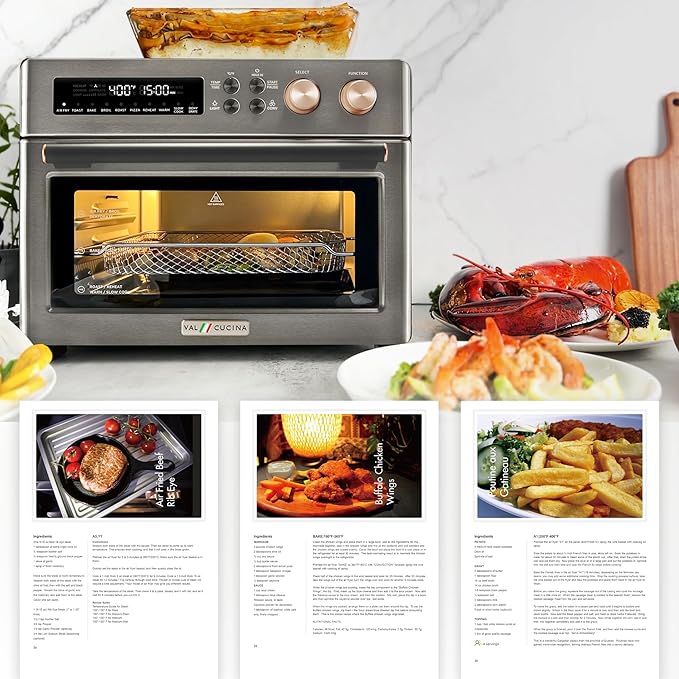 VAL CUCINA Infrared Heating Air Fryer Toaster Oven Extra Large Countertop Convection Oven 10-in-1 Combo 6-Slice Toast Enamel Baking Pan Easy Clean with Recipe Book Black Matte Stainless Steel