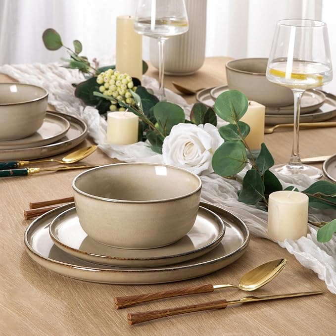 AmorArc 18 PCS Ceramic Dinnerware SetsHandmade Reactive Glaze Plates and Bowls SetsHighly Chip and Crack Resistant | Dishwasher &amp Microwave Safe Dishes Set Service for 4