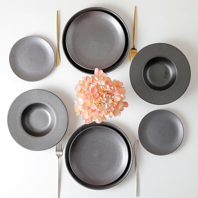 Stone Lain Valencia Porcelain 32-Piece Round Dinnerware Set Plates and Bowls Set Dish Set for 8 Metallic Grey