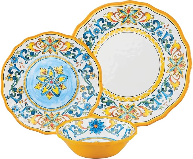 UPware 12 Piece Chianti Melamine Dinnerware Sets Outdoor Dishes Set Plates and Bowls Sets Service for 4 Multicolor