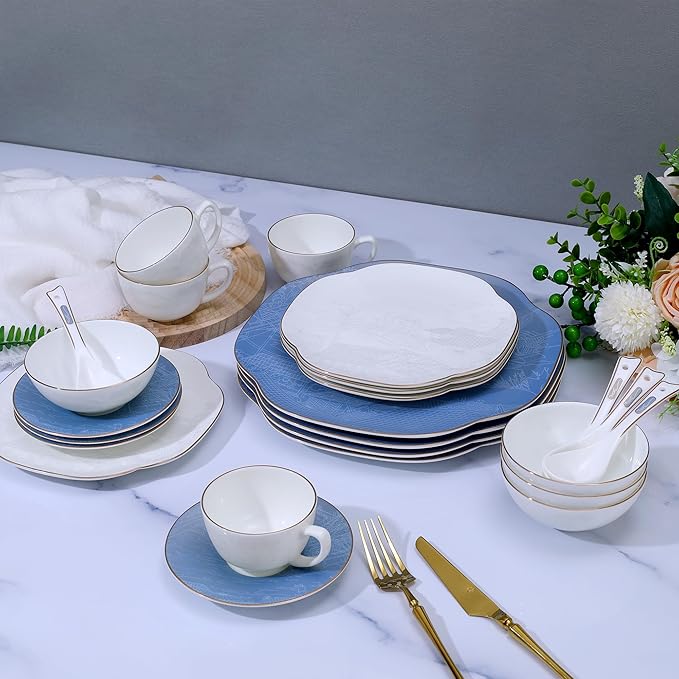 Blue 24 Piece Porcelain Dinnerware SetBone china for 4 Plates and Bowls Sets With Beautiful Pattern Highly Chip and Crack Resistant | Dishwasher Safe Dishes Set (Deep Blue + Pattern)