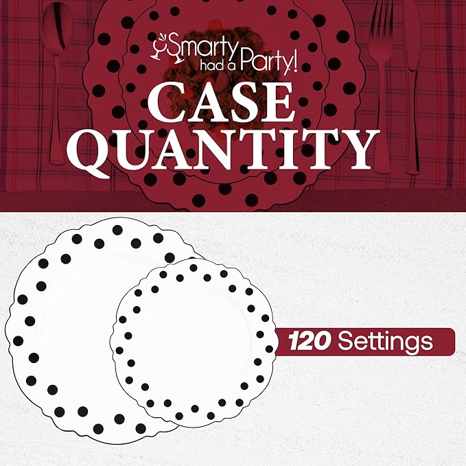 Smarty Had A Party Disposable Dinnerware Set 240 Pcs White with Black Dots Design 120 Dinner and 120 Salad Plates Heavy Duty Tableware for Weddings and Parties