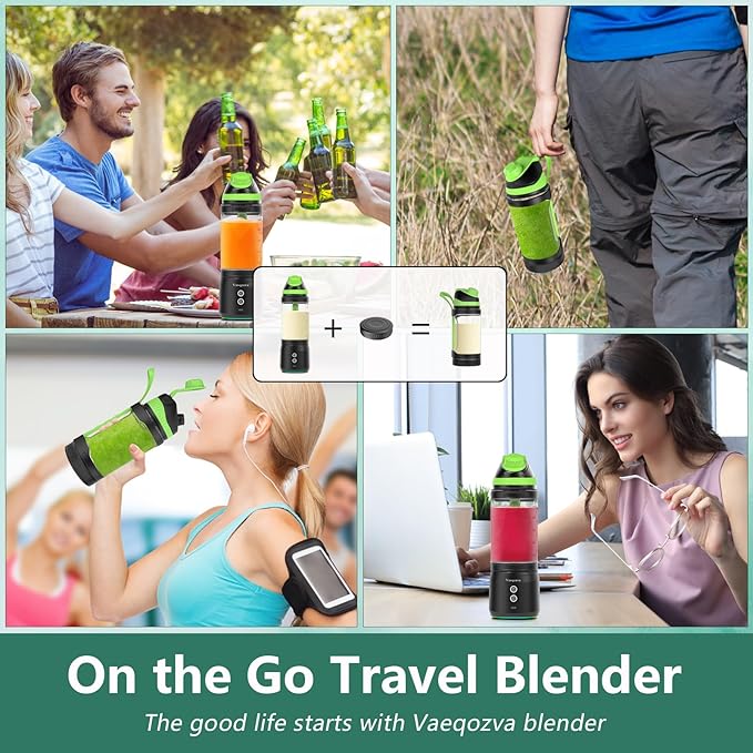 Portable Blender for Shakes and Smoothies 24oz Travel Blender 300Watt on the Go Blender USB Rechargeable Personal Blender with a Travel Lid &amp BPA Free Bottle(Green Cap Black Body)