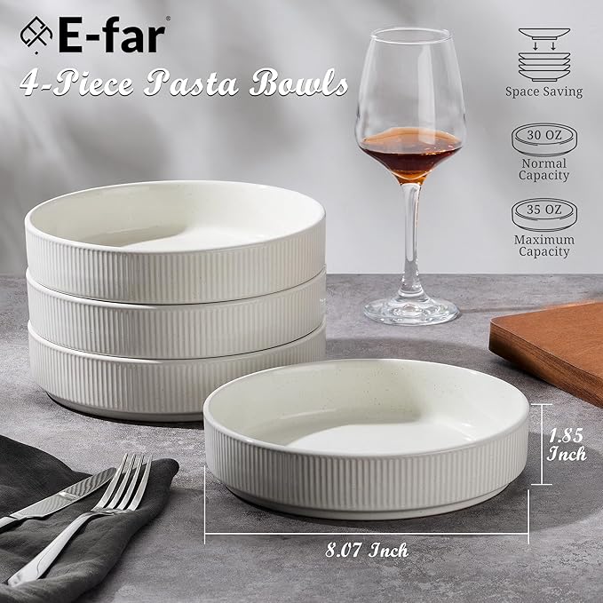 E-far 12-Piece Plates and Bowls Sets with 35oz Pasta Bowls Set of 4 Stoneware Dinnerware Dishes Sets Kitchen Modern Dining Dishware Speckled White