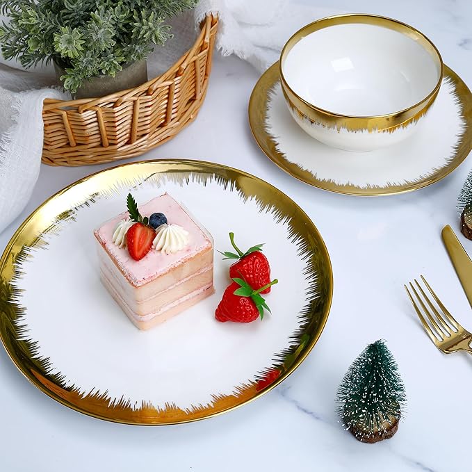12 Pieces Plates and Bowls SetsPorcelain Round Dinner Plates Dishes Set with Gold Rim for 4 White bone china Plates and Bowls Dishwasher Safe and Scratch Resistant Luxury Tableware Set
