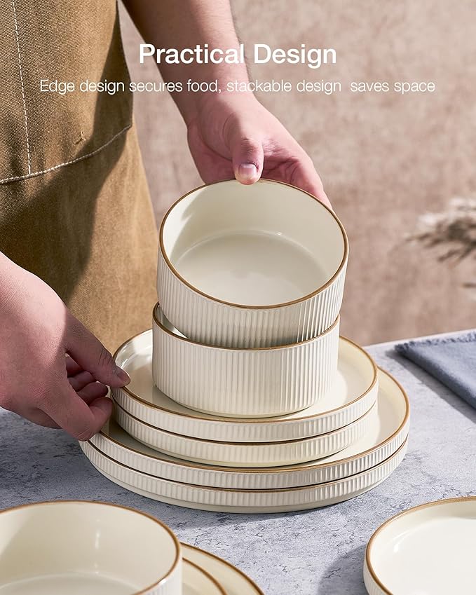 Famiware Star Dinnerware Set Plates and Bowls Sets for 4 (12pcs) Ribbed Stoneware Dishes with Trim - Chip &amp Scratch Resistant Microwave &amp Dishwasher Safe Cream