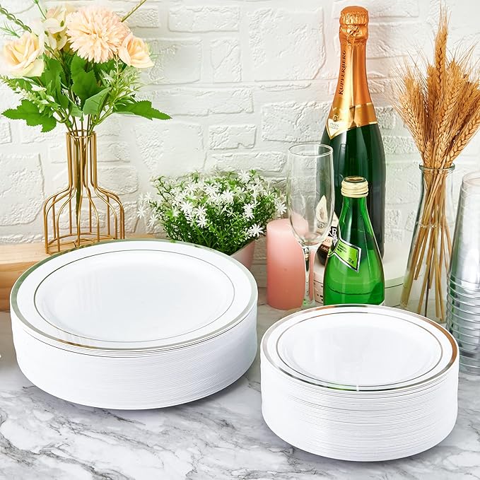 JollyPack 100 Piece Disposable Silver Plastic Party Plates Including 50 10 Inch Dinner Plates and 50 7 Inch for Dessert Great for Parties Weddings Home Use and Christmas