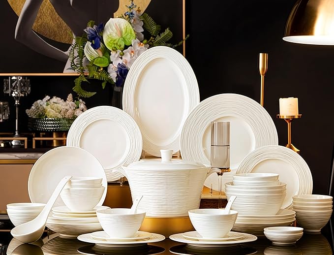 Fine Bone China Dinnerware Set Porcelain &amp Ceramic Dinnerware Sets Bone Stoneware &amp Ceramic Cookware Tableware Set Includes Dinner Plates|Spoons|Pasta Bowls|Soup Pot|Chopsticks (70 Pcs)