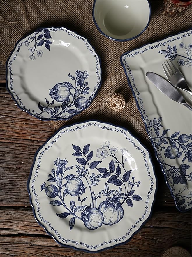 Ceramic BowlSteak Dinner Plate Creative Blue Flower Branches Leaves Vegetable Pattern Bowl Plate Set Tableware Gift Giving Ceramics Dinnerware Set Dishes 4-Pieces Sets