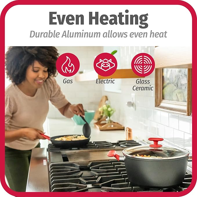 GoodCook ProEase 12-Piece Nonstick Cookware Set Includes 4-Quart Covered Dutch Oven Fry Pans Sauce Pans Utensils Even-Heating Aluminum Tempered Glass Lids Ergonomic Handles