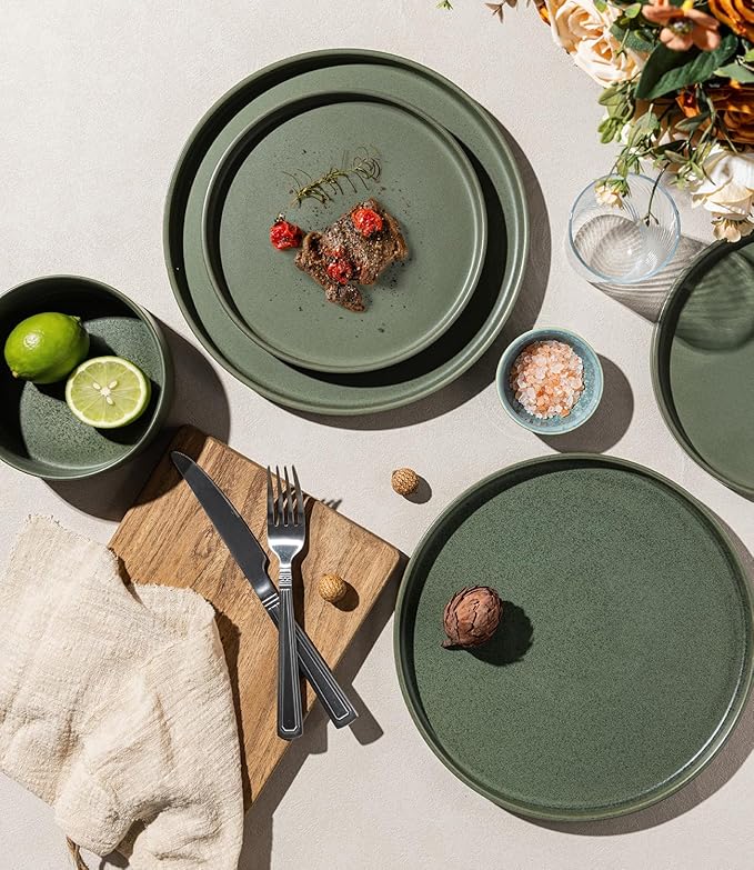 LERATIO Ceramic Dinnerware Sets for 4 High Edge Stoneware Plates and Bowls Set Chip and Crack Resistant | Oven &amp Dishwasher &amp Microwave Safe Dishes Set Service for 4 -Green