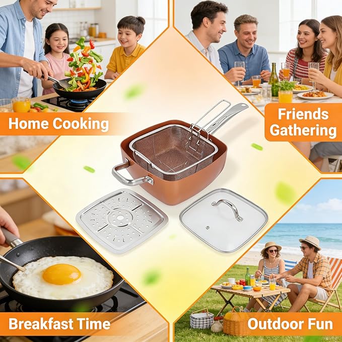 Stainless Steel Multifunctional Square Cookware Set Nonstick Pan and Deep Dish 4 - Piece - Even Heat Distribution Oven Safe to 500°F Perfect for Baking Frying and Steaming