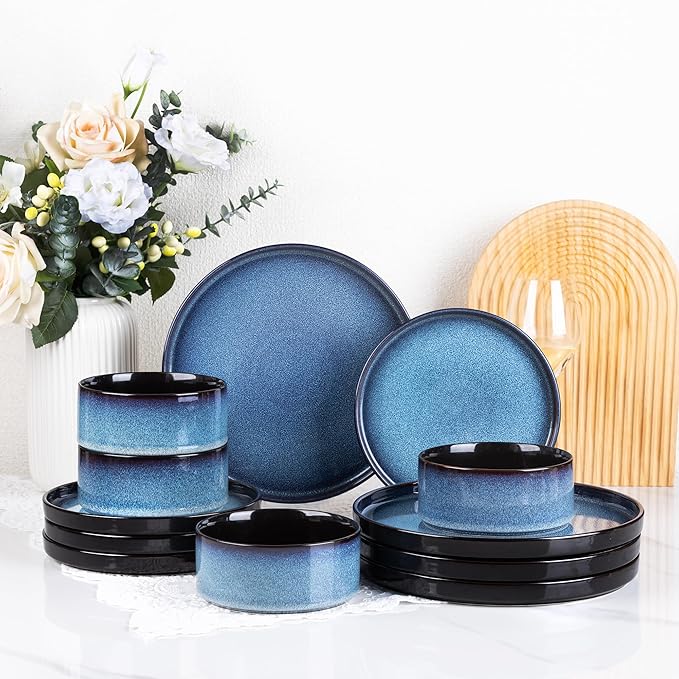 LERATIO Ceramic Dinnerware Sets for 4Round Reactive Glaze Ceramic Plates and Bowls SetHighly Chip and Crack Resistant | Dishwasher &amp Microwave Safe Dishes SetService for 4 (12pc)-Blue
