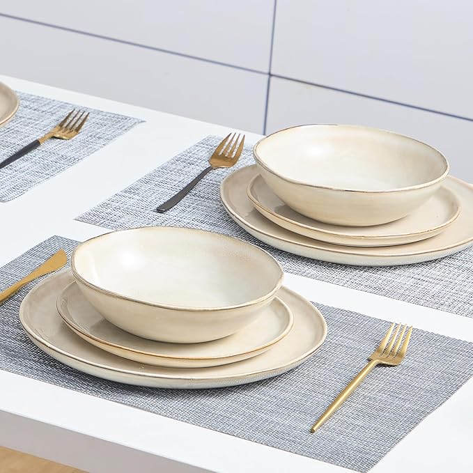 Bestone 12 Piece Round Kitchen Dinnerware SetsPlates and Bowls setsDishes Plates Bowls Dish Set Chip Resistant Ceramic Dinnerware Set Dishwasher/Microwave SafeService for 4Brown