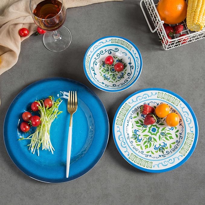 Melamine Dinnerware Sets 12 Pcs Melamine Plates Party Plates and Bowls Sets Camping Dishes Set for 4 Unbreakable BPA-Free Dishwasher Safe （Green flowers）