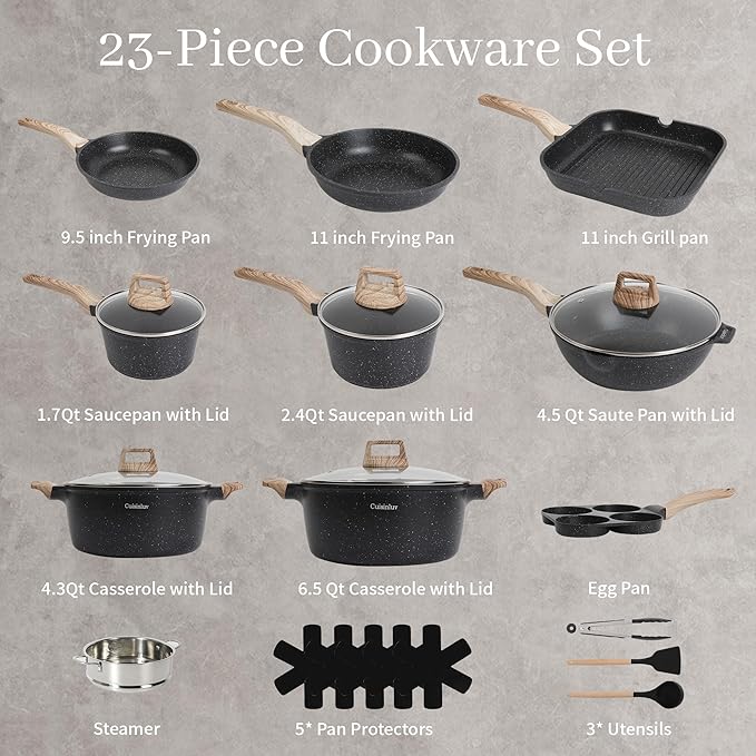 23Pcs Pots and Pans Set Non Stick Kitchen Cookware Sets Granite Induction Cookware Non Stick Cooking Set w/Frying Pans Saucepans Griddle EggPan (Black)