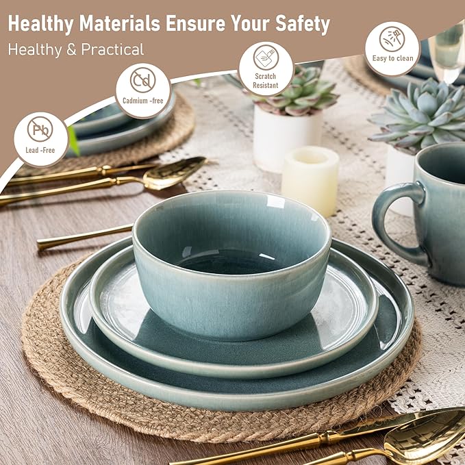 GBHOME Ceramic Dinnerware Sets for 6 18 Pieces Stoneware Plates and Bowls Sets Scratch Resistant Dishes Dishwasher &amp Microwave Safe Reactive Glaze-Malachite Green