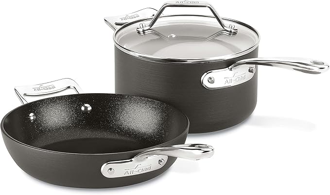All-Clad Essentials Hard Anodized Nonstick Fry &amp Sauce Pan Set 8.5 Inch  2.5 Quart Oven Broiler Safe 500F Pots and Pans Cookware Black