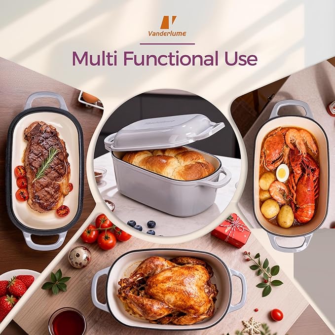 4.6-Quart Oval Dutch Oven 2 in 1 Cast Iron Bread Pan with Lid Sourdough Bread Dutch Oven for a Crispy Crust Oyster Grey