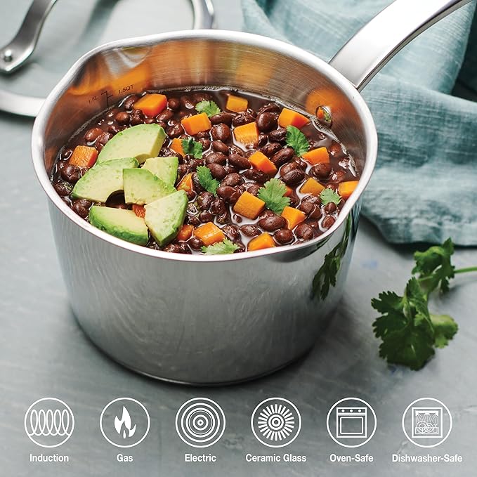 Tramontina Tempo Tri-Ply Base Stainless Steel 2-Quart Small Sauce Pan with Glass Lid Induction-Ready Saucepan Oven-Safe Dishwasher-Safe