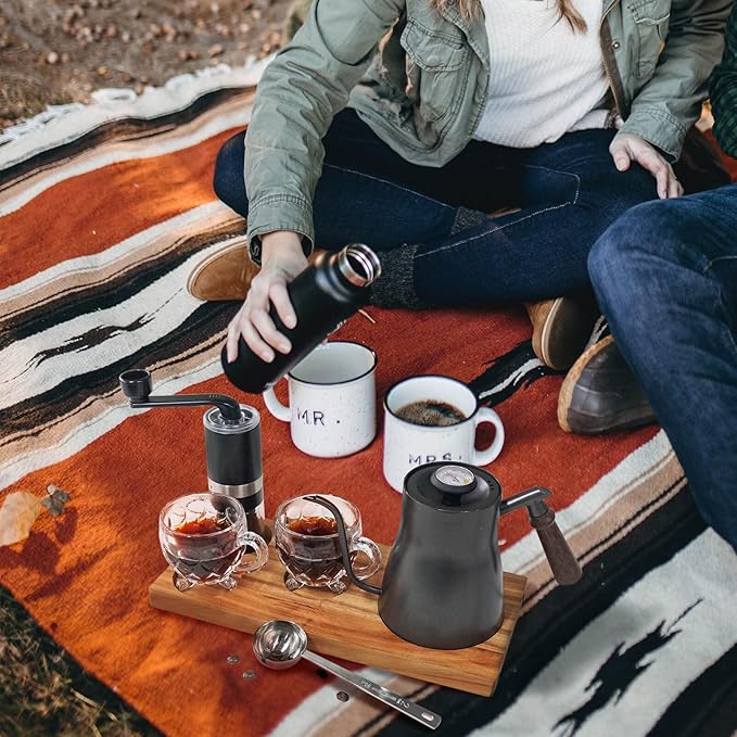 SOTECH Portable Coffee Maker Set Tea Set And Tray Manual Grinder Stainless Steel Scoop &amp 2 Glass Cups and Wooden Tray
