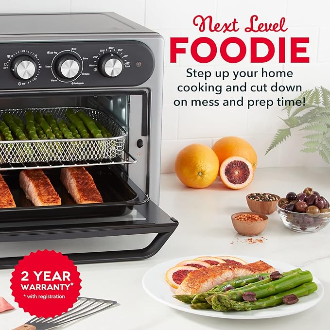 Dash Chef Series 7 in 1 Convection Toaster Oven Cooker Rotisserie + Electric Air Fryer with Non-stick Fry Basket Baking Pan &amp Rack Skewers Drip Tray &amp Recipe Book 23L Graphite