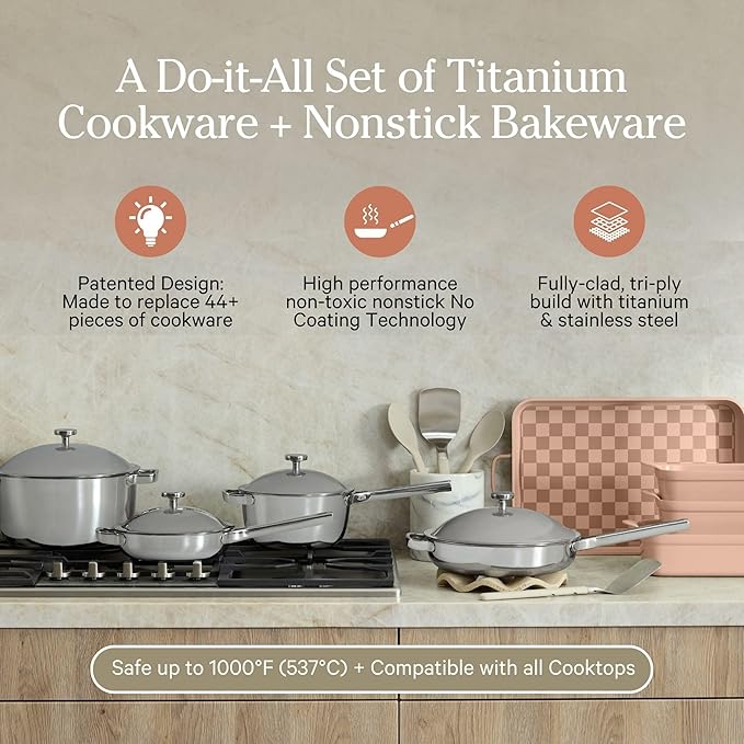 Our Place 15-Piece Titanium Pro Cookware &amp Bakeware Set | Tri-Ply Titanium &amp Stainless Steel Nonstick Fry Pans &amp Pots | Ceramic Nonstick Bakers &amp Griddle Pan | Non-toxic PFAS-Free | S