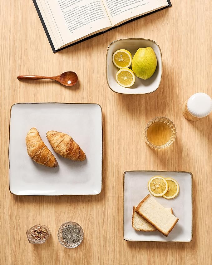 Famiware Dinnerware Sets for 4 Ocean Square 12-Piece Kitchen Plates and Bowls Sets Reactive Glaze Microwave and Dishwasher Safe Scratch Resistant Cappuccino White