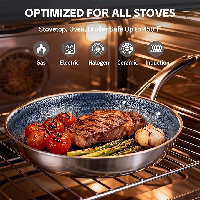 Ammeloo Hybrid Stainless Steel Cookware Set 17-Piece Tri-Ply Pots and Pans Set Non Stick Induction Kitchen Cookware Sets Dishwasher &amp Oven Safe PFOA Free All Cooktops Compatible Navy Blue