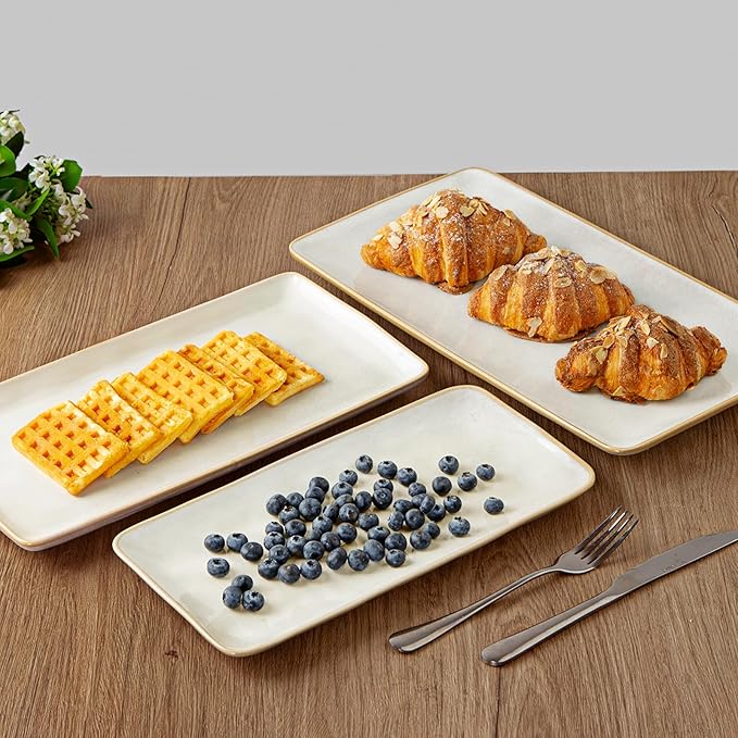 Famiware Plates and Bowls Sets + 3 Pcs Rectangular Serving Platter 15-Piece Dinnerware Sets for 4 White