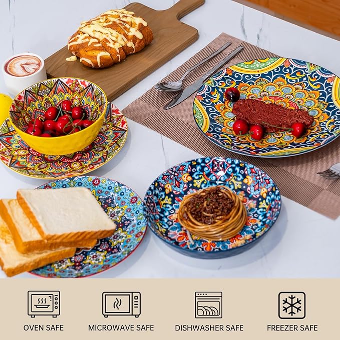 16 Pieces Dinnerware Sets Service for 4 Plates and Bowls Set Ceramic Dishes Set for 4 Microwave and Dishwasher Safe Scratch Resistant Bohemian Style