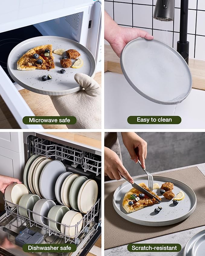 Famiware Star Dinnerware Set Plates and Bowls Sets for 8 (24pcs) Ribbed Stoneware Dishes - Chip &amp Scratch Resistant Microwave &amp Dishwasher Safe Matte Gray