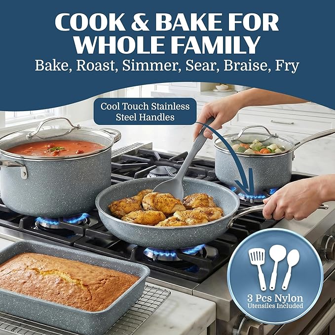 Granitestone Ceraluxe 20 Pc Ceramic Cookware Set Nonstick Complete Pots and Pans Set Non Stick for Kitchen with Bakeware Utensils &amp Steamer Non Toxic Made Without PFOA PFOS Oven &amp Dishwash