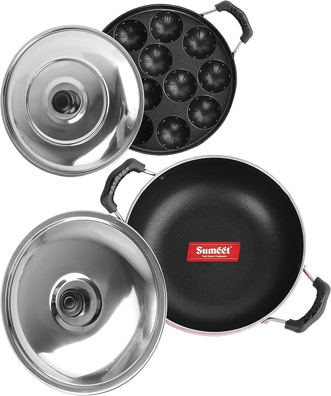 SUMEET 2.6mm Thick Non-Stick Aluminium Red Get Ready Cookware Set (Kadhai with Lid 1.5Ltr Capacity- 20cm Dia and Grill Appam Patra with Lid 23cm Dia)