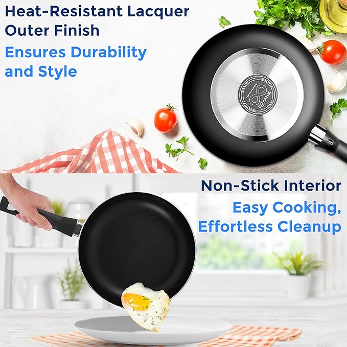 SereneLife 6-Piece Pots and Pans Set – Nonstick Cookware Black Coating Heat-Resistant Dishwasher safe Includes Fry Pans Saucepans with Lids Color Black