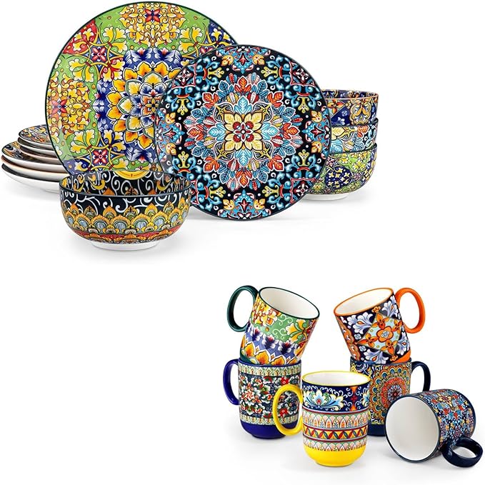vancasso 12 Pieces Dinnerware Sets Plates and Bowls Set Porcelain Dishes Set for 4 and Boho Coffee Mugs Set of 6 14 oz Ceramic Mugs with Handle