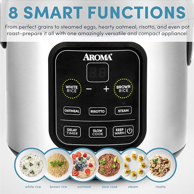 Aroma Housewares ARC-994SB Rice &amp Grain Cooker Slow Cook Steam Oatmeal Risotto 8-cup cooked/4-cup uncooked/2Qt Stainless Steel