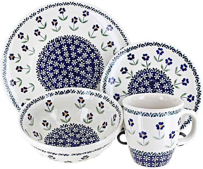 Blue Rose Polish Pottery - Blue Daisy 16 Piece Dinner Set - 4 Place Settings - Great for Everyday Dining Casual Dining or as Formal Dinnerware