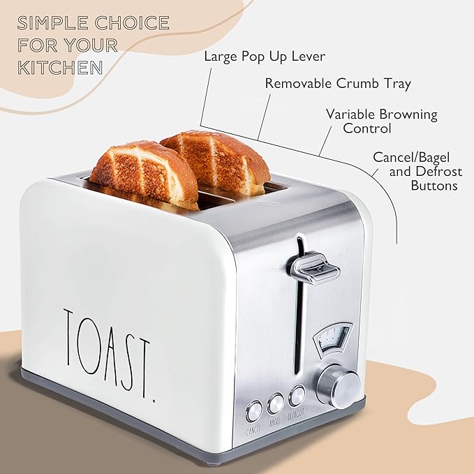 Rae Dunn Toaster Stainless Steel 2 Slice Square Toaster Wide Slot with 5 Browning Levels with Bagel Defrost and Cancel Options (White)