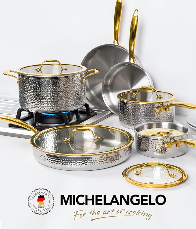 Michelangelo Triply Stainless Steel Pots and Pans Set 10-Piece Hammered Stainless Steel Cookware Set with Golden Handle Premium Induction Kitchen Cookware Oven Safe