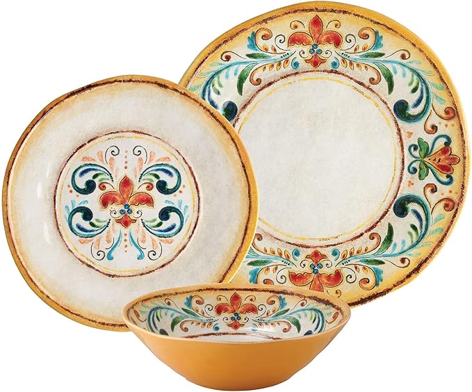 UPware 12 Piece Tuscany Melamine Dinnerware Sets Outdoor Dishes Set Plates and Bowls Sets Service for 4 Multicolor